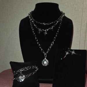 Silver Layered Necklace with Crystal Pendant, Bracelet, And Earring Set